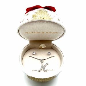 Sparkle Allure Silver K Initial Necklace & Earrings Set in Ornament Gift Box